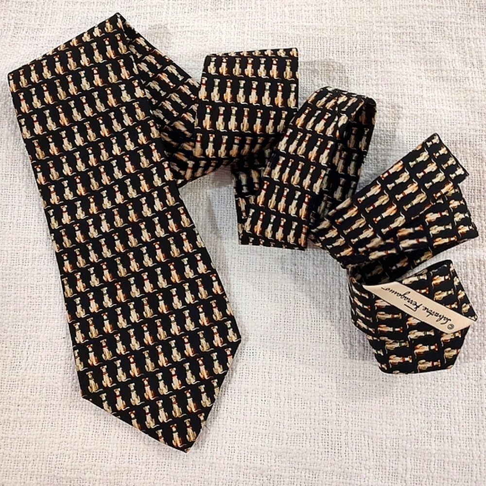 Salvatore Ferragamo Silk Tie Dogs Black Greyhound Career - Picture 2 of 5